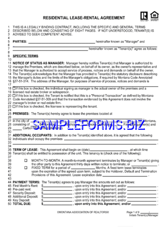 Montana Residential Lease Agreement Form pdf free